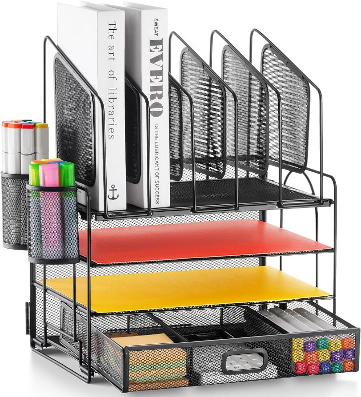Photo 1 of Marbrasse Desk Organizer with Drawer, 4-Tier Mesh Desk File Organizer with 5 Vertical File Holders and 2 Pen Holders, Multifunction Desktop Organizer
