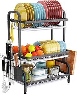 Photo 1 of 1Easylife Dish Drying Rack, 3 Tier Dish Rack with Tray Utensil Holder, Large Capacity Dish Drainer with Cutting Board Holder Drain Board Tray for Kitchen Counter Organizer Storage