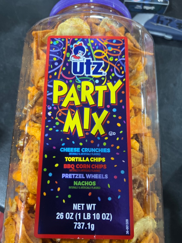 Photo 2 of Utz Party Mix - 26 Ounce Barrel - Tasty Snack Mix Includes Corn Tortillas, Nacho Tortillas, Pretzels, BBQ Corn Chips and Cheese Curls, Easy and Quick Party Snacks, Cholesterol Free and Trans-Fat Free