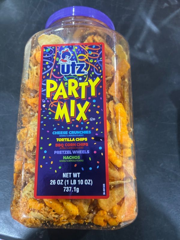 Photo 2 of Utz Party Mix - 26 Ounce Barrel - Tasty Snack Mix Includes Corn Tortillas, Nacho Tortillas, Pretzels, BBQ Corn Chips and Cheese Curls, Easy and Quick Party Snacks, Cholesterol Free and Trans-Fat Free