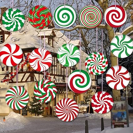 Photo 1 of 16 PCS Candy Christmas Outdoor Decorations Christmas Tree Hanging Ornaments Peppermint Lollipop Candy Yard Signs Tree Porch Yard Xmas Decor