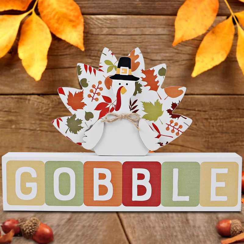 Photo 1 of Adroiteet Thanksgiving Turkey Decorations for Home, Tabletop Turkey Harvest Day Fall Decor Indoor, Wooden Ornament for Autumn Kitchen Table Shelf 