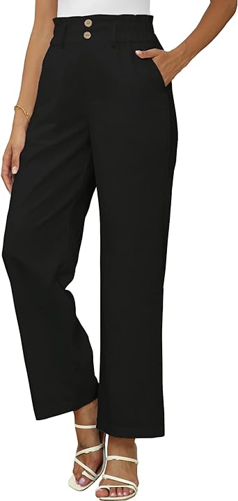 Photo 1 of Yoetaun Womens Casual Linen Pants Ruched Wide Leg Flowy High Waisted Palazzo Straight Long Trousers with Pocket XL