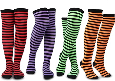 Photo 1 of 4 Pairs Halloween Striped Thigh High Witch Socks for Women over the Knee Halloween Knit Long Socks Stockings Leg Warmer for Halloween Costume Cosplay Daily Accessories
