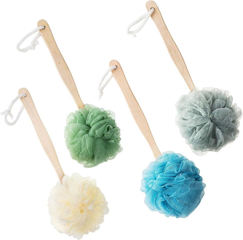Photo 1 of 4 Pack Large Bath Puff Loofah Sponge With Long Handle Shower Loofah, Bath Body Back Brush, Spa Brush for Women and Men(4 Color) 