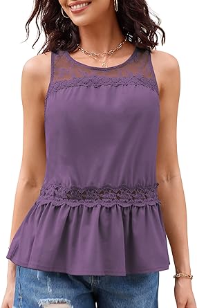 Photo 1 of CALSUZ Womens Tank Tops Peplum Lace Trim Dressy Sleeveless Shirts Crew Neck Casual Summer Trendy Vest Tunic Small