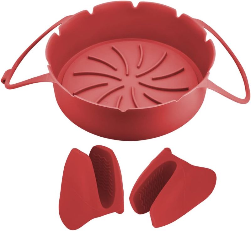 Photo 1 of Air Fryer Silicone Liner with Oven Mitts | Replacement of Parchment Paper Liners | Reusable Air Fryer Accessories | Non-Stick, Food Grade Silicone | Fits 5QT Silicone Air Fryer baskets (Red)