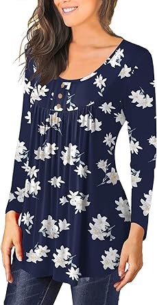 Photo 1 of HAHIYOR Womens Tops Casual Long Sleeve Tunic Loose Fit Pleated Fall Floral Print T-Shirt Small