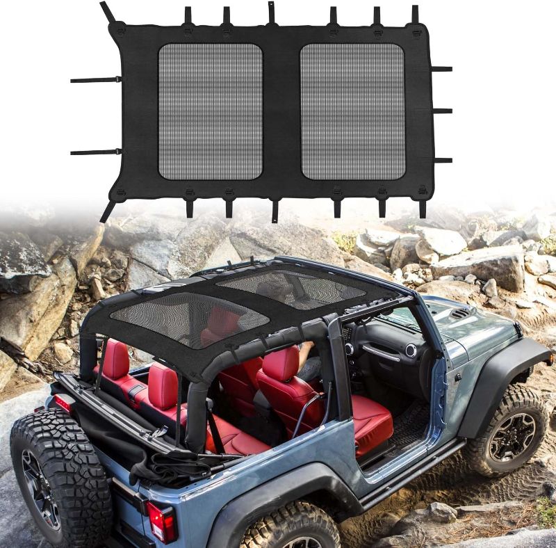 Photo 1 of Front & Rear JK Top Sunshade Compatible with Jeep, Sunscreen Mesh Roof Cover UV Blocker with Grab Bag Compatible with 2007-2018 Jeep Wrangler JK JKU 2 Doors & 4 Doors -Black