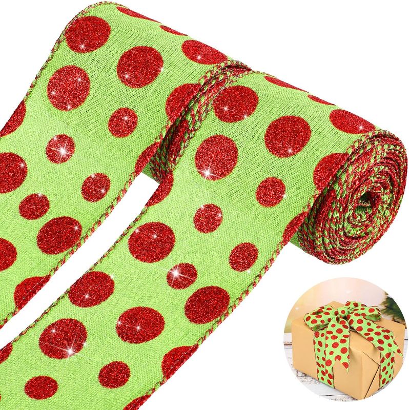 Photo 1 of 2 Rolls Christmas Ribbon Spiral Wired Dots with Stripes Wired Wrapping Colorful Fabric Ribbon Xmas Decorative Ribbons for Christmas Decor Supplies 2.5 Inch (Glitter Dot Style,50 Yard Long)