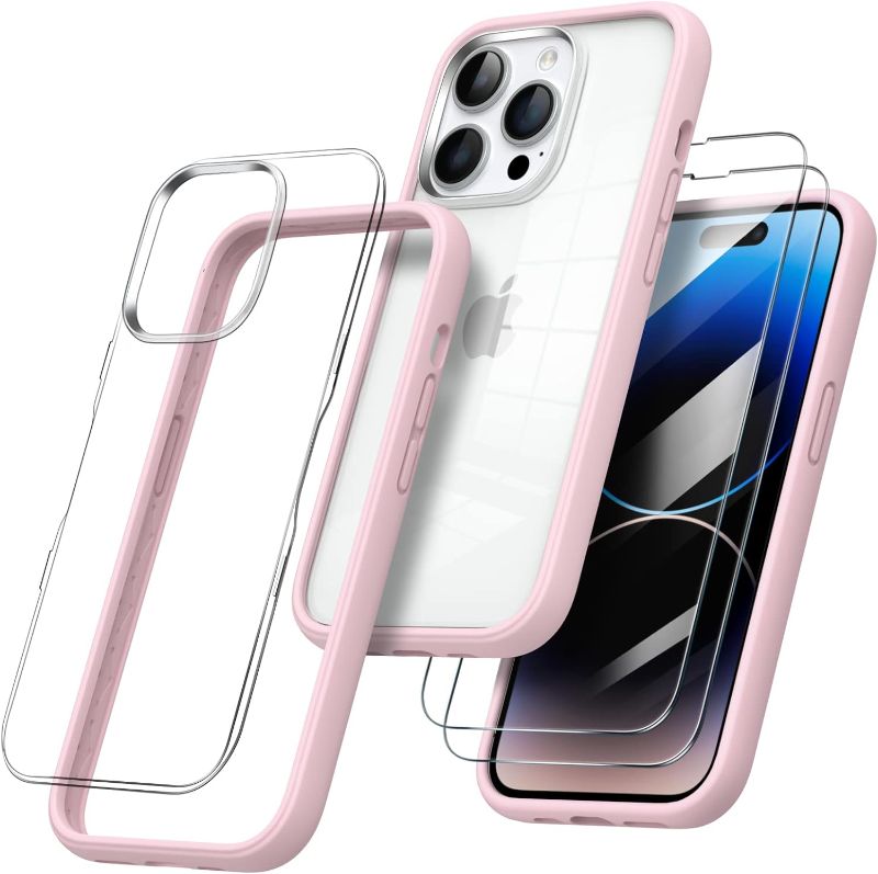 Photo 1 of ORNARTO [3 in 1 for iPhone 14 Plus Case 6.7 inch, with 2 Pack Tempered Glass Screen Protector, Soft Liquid Silicone Bumper Case Cover Full Body Protection with Anti-Yellowing Clear Back-Pink