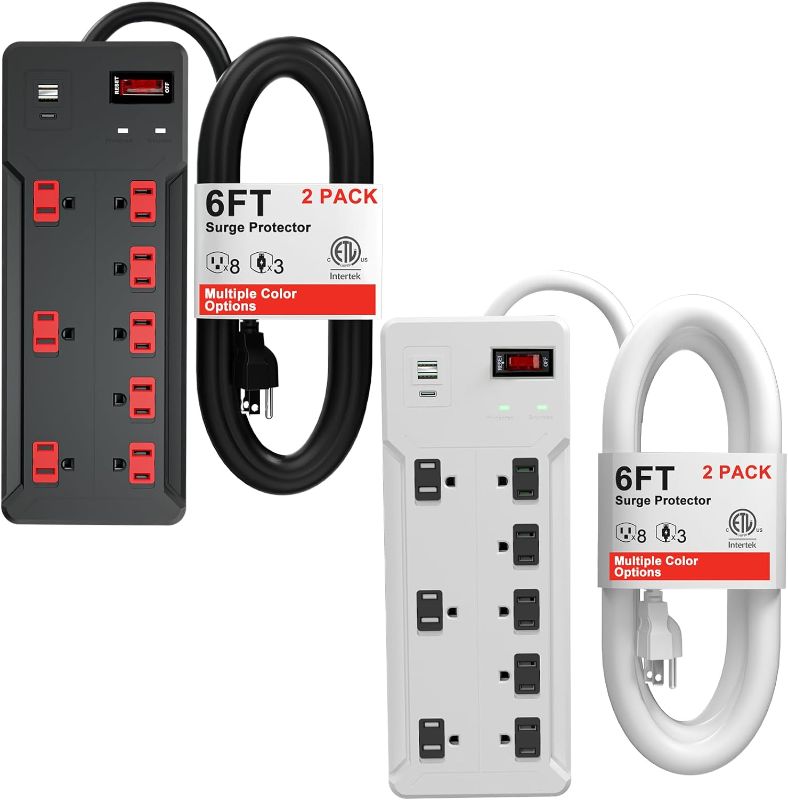 Photo 1 of ETL Listed Power Strip Surge Protector, 8 Outlets with 3 USB Ports(1.6In Wide), 6 Ft Power Cord (1875W/15A) Multiple Colors Power Strip for Home, Office, Dorm Essential-2Pack(Black+White) 