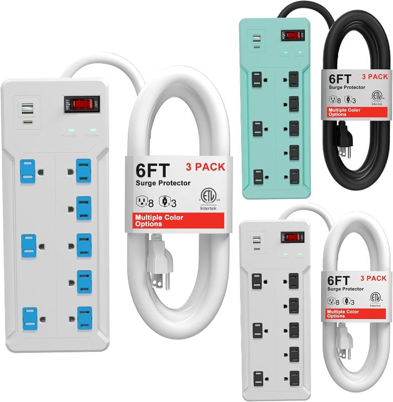 Photo 1 of ETL Power Strip Surge Protector, Multi-Color Surge Protector Power Strip with Satey Child Covers, 1700J Surge Protector with 6FT Cord, 1875W with 8 Outlets, 2USB & 1USB C, Wall Mountable-3Pack 