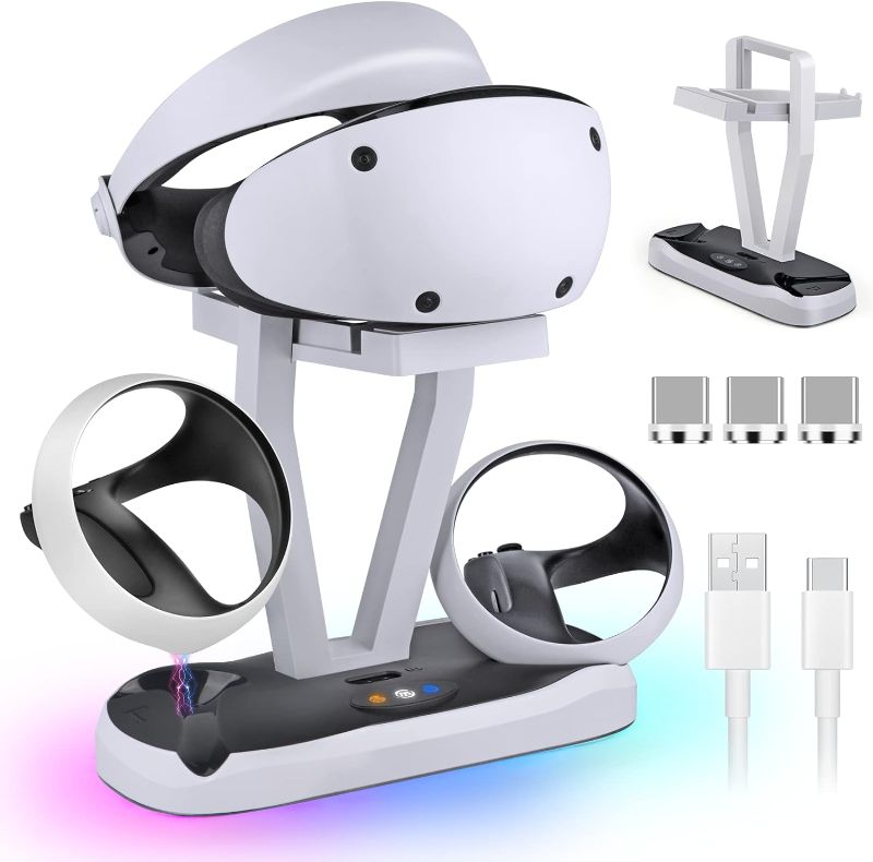 Photo 1 of GenGeLy Charging Station for PS5 VR2 with 3 Type-C Magnetic Adapters, VR2 Holder Display Stand for PSVR2 Controller with Breath RGB Light 