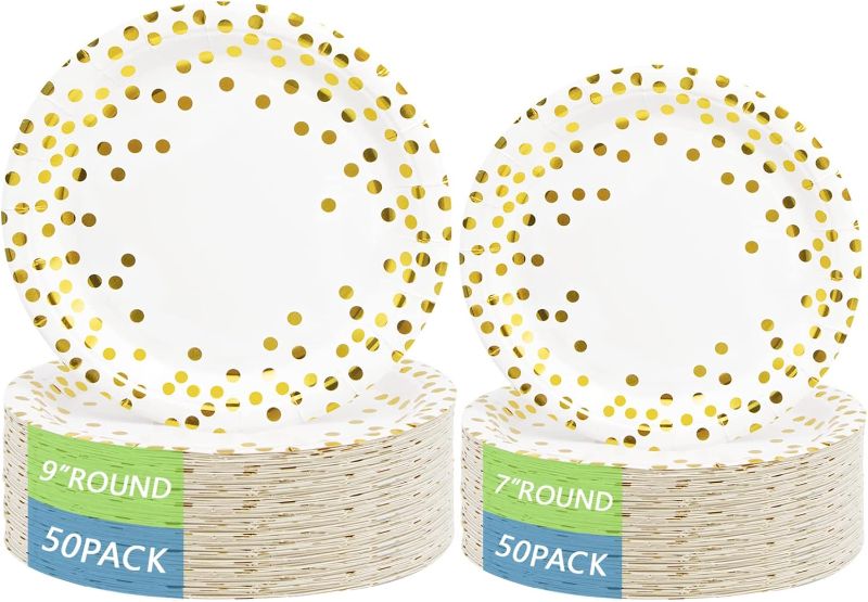 Photo 1 of 100 PCS Disposable Paper Plates Round Gold Dots 50 x 9" and 50 x 7" Dinner Plates?White and Gold Plates Foil Polka Dots Paper Plates Party Supplies for All Occasions