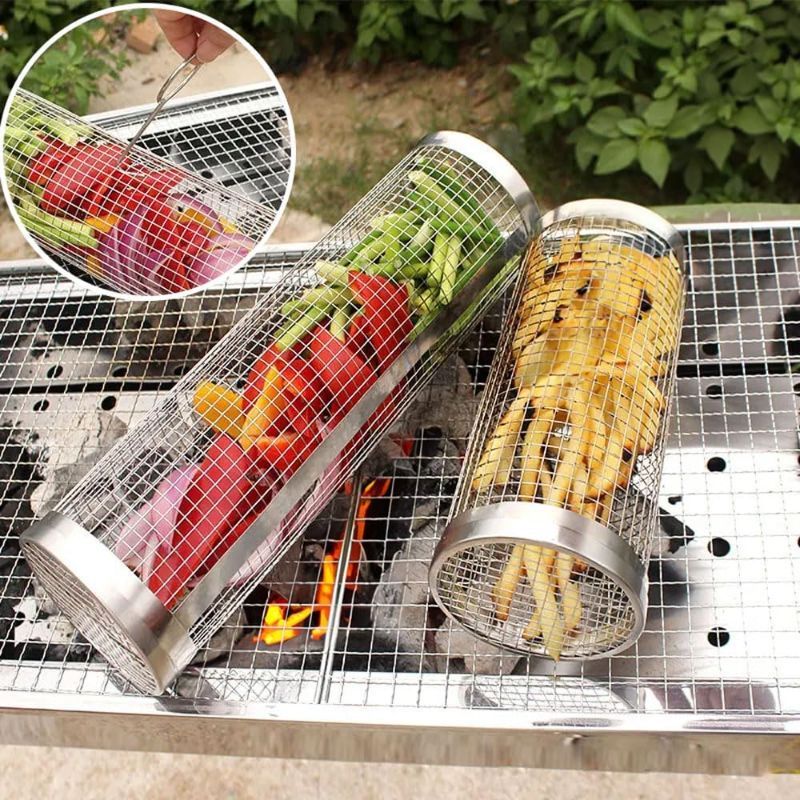 Photo 1 of 2PCS BBQ Net Tube, Barbecue Rolling Grilling Basket BBQ Basket Rotisserie, Grill Tool with Removable Mesh Cover, Vegetable Grill, Accessories Grilling Gifts for Men Dad (8.3 inch) 