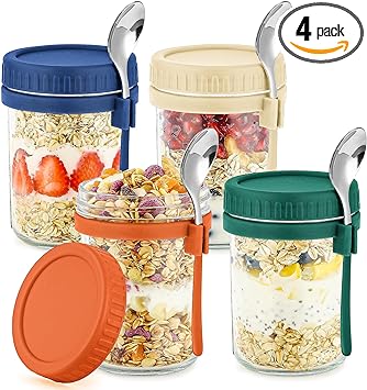 Photo 1 of DRKIO 4 Pack Glass Overnight Oats Containers with Lids and Spoons 16 Oz Mason Jars for Overnight Oats Jars Leak Proof Oatmeal Container Meal Prep Jar for Cereal Fruit Vegetable Milk Salad Yogurt
