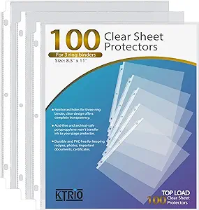 Photo 1 of KTRIO Sheet Protectors 8.5 x 11 inch Clear Page Protectors for 3 Ring Binder, Plastic Sleeves for Binders, Top Loading Paper Protector Letter Size, 100 Pack