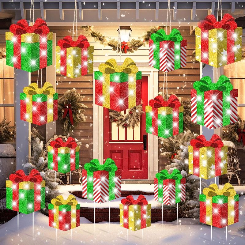 Photo 1 of 16 Pcs Light Christmas Box Decorations Large Box Ornament Double Sided Xmas Hanging Decor Big Yard Lawn Signs with Stake for Home Outdoor Indoor Porch Pathway Christmas Tree 