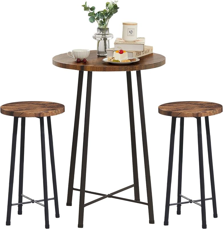 Photo 1 of  VECELO 3 Piece Pub Set, Round Bistro bar Table and Chairs Set of 2, Counter Height Wood top,Small Spaces Saving for Dining Room Breakfast, Classic Brown 