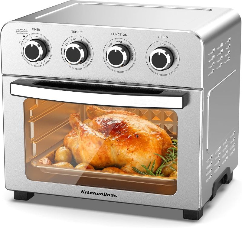 Photo 1 of  KitchenBoss Air Fryer Toaster Oven: 24.3QT/23L Airfryer with Warm, Broil, Toast, Bake, Air Fry 5-in-1 Functions, Knob Control 1700W Toaster Oven Countertop with 4 Accessories, Stainless Steel 