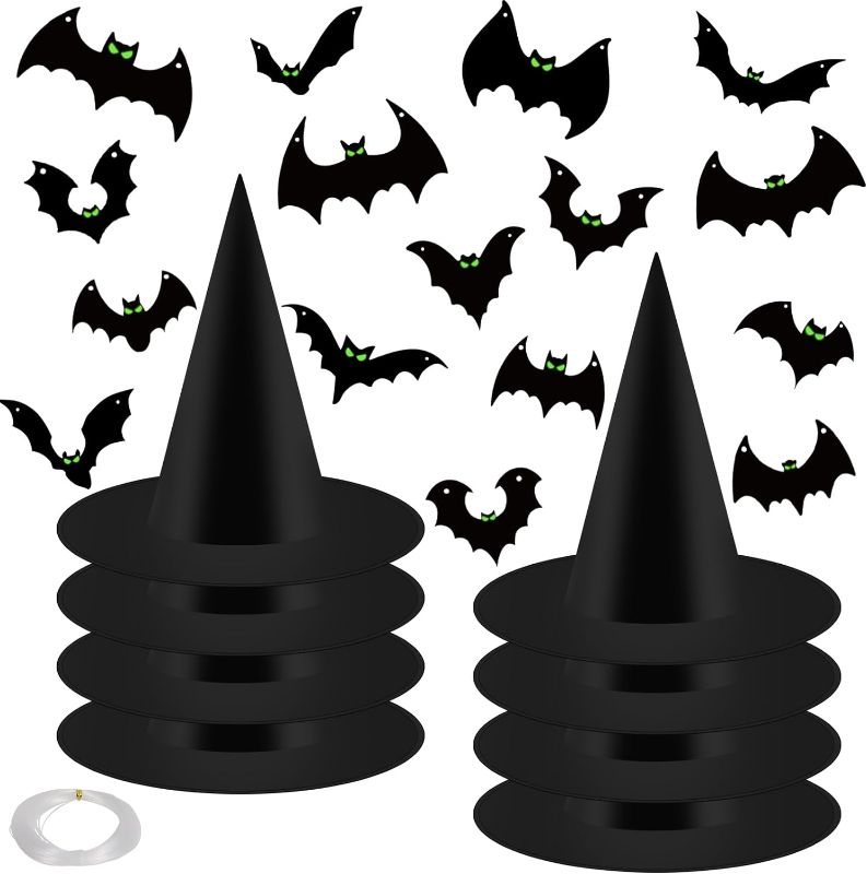 Photo 1 of 22 PCS  Hanging Decoration Kit Include 8 PCS Halloween Hanging Witch Hats and 16PCS Bats with Glow Eyes,Halloween Costume Witch Hat for Halloween Party Garden Yard Lawn Scary Decor Outside 