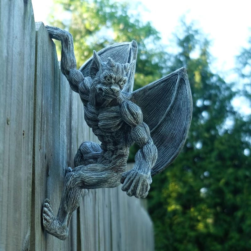 Photo 1 of BELLA HAUS DESIGN Gargoyle Fence Topper Hanger- Outdoor Wall Decor- Detailed Hanging Garden Statue- Gothic Climbing for Patio, Porch, Fence, Garden
