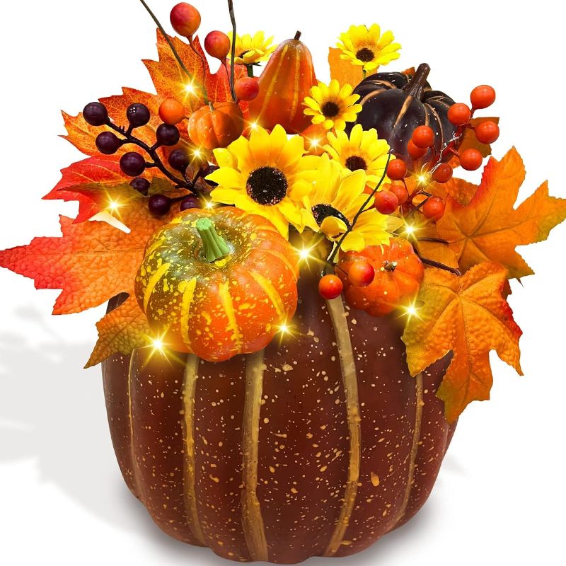 Photo 1 of [Timer] 8.5 Inch Lighted Fall Pumpkin Thanksgiving Decorations 10 LED Battery Operated 6 Styles 12 Maple Leaves 5 Styles Pumpkins 8 Sunflowers Autumn Fall Thanksgiving Decor Home Indoor Outdoor Table