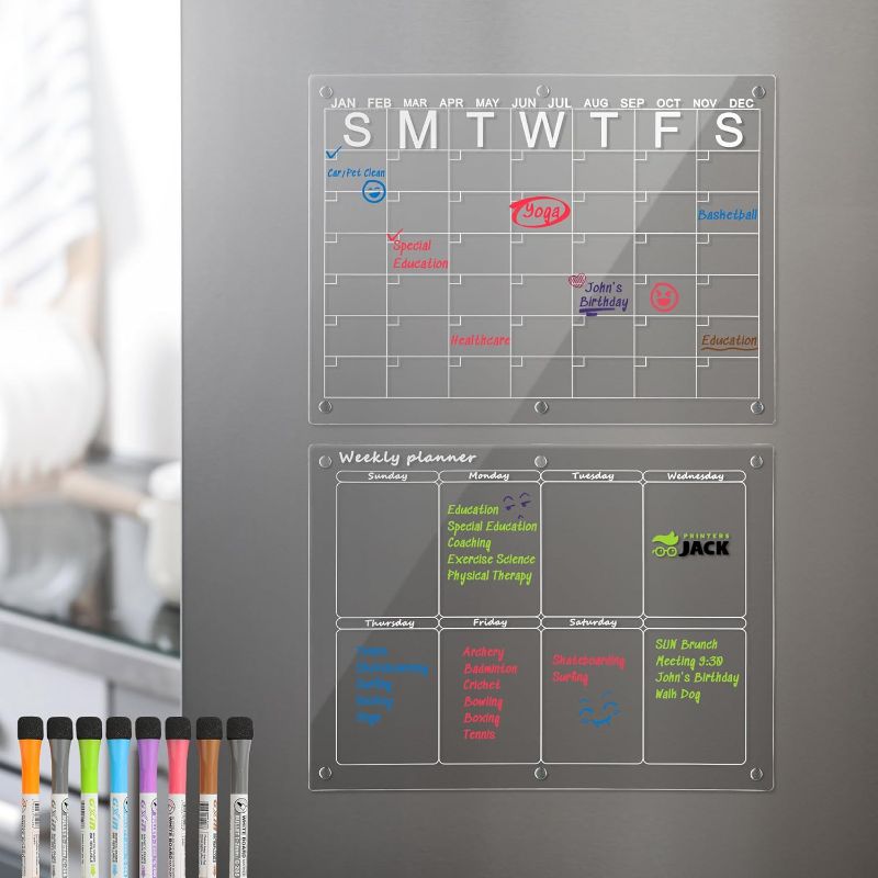 Photo 1 of Printers Jack Magnetic Acrylic Calendar for Fridge? Clear Set of 2 Dry Erase Board Calendar for Fridge Reusable Planner with 8 Dry Erase Markers 7 Colors, Reusable Planning Board(16"x12"Inches)