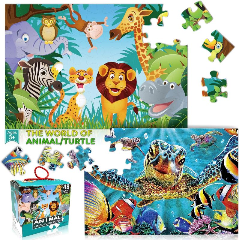 Photo 1 of Double Sides Jumbo Floor Puzzle for Kids Animal Jigsaw Large Puzzles 48 Piece Ages 3-5 for Toddler Children Preschool Educational Intellectual Development Toys 4-8 Years Old Gift for Boys Girls 