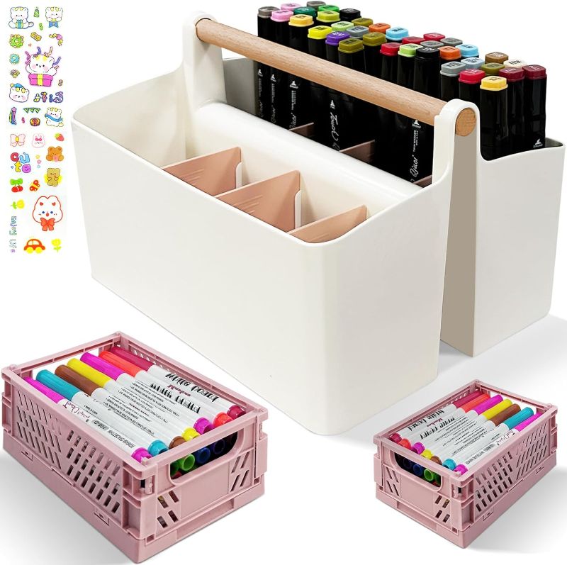 Photo 1 of akisey 3 Pack Craft Organizers and Storage, Portable Plastic Art Caddy with Handle & 2 Foldable Art Supply Storage Box, Art Bin Craft Storage Organizer with Divider for Pencil Marker Crayon Sewing