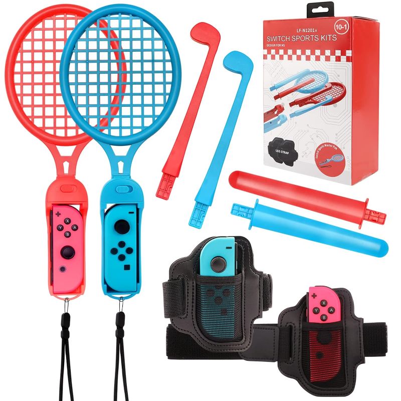 Photo 1 of 2022 Switch Sports Accessories Bundle Compatible with Nintendo Switch Sports Games, 10 IN 1 Kit Switch Bundle with Leg Straps, Tennis Rackets, Swords, Golf Clubs, Joy-Con Grips 