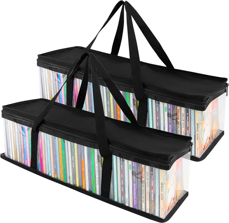 Photo 1 of 2 Pack CD Storage Bags Transparent PVC Media Storage Organizer Bags Water Resistant CD Case Holder with Handles Plastic Carrying Game Storage Bag for CDs, Albums, Video Games, DVD