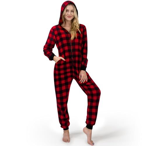 Photo 1 of Giggling Getup Christmas Fleece Plaid Pajamas Jumpsuits Adult, Christmas Women Hoodie Full Zipper Pajamas-M Red
