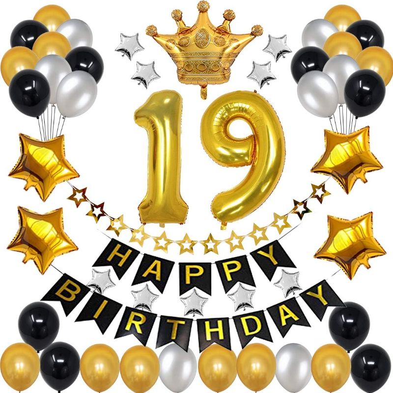 Photo 1 of 19th Birthday Decorations for Men Boy Women Girl,Black and Gold Birthday Decorations for 19th and 91st Happy Birthday Party with 19 Gold Number Balloon Happy Birthday Banner and Gold Crown Balloons