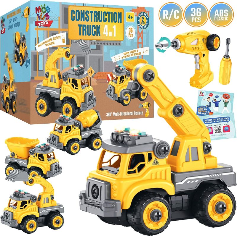 Photo 1 of 4-in-1 Take Apart Construction Toys for Kids, 36Pcs RC Car Trucks w/Electric 360° Drill Remote Control, DIY STEM Vehicle Building Toy, Sounds, Lights, Rechargeable, 3 4 5 6 7 Year Old Boys, Girls 