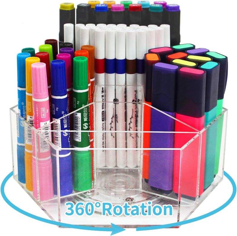 Photo 1 of Cranviech Acrylic Pen Holder Pencil Organizer, 360° Rotating Art Supply Organizer with 7 Compartments for Kids, Multi-capacity Crayon Organizer Marker Organizer Pen Caddy for Home Office School
