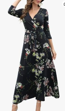 Photo 1 of Aphratti Women's Casual Maxi Dress 3/4 Sleeve Faux Wrap V Neck Floral Print Fit and Flare Long Dresses- Small
