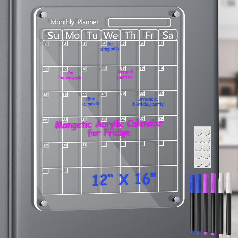 Photo 1 of Acrylic Magnetic Calendar for Fridge, 16"x12" Inches Clear Acrylic Magnetic Dry Erase Planning Board of Monthly Calendar for Refrigerator with 6 Colored Markers
