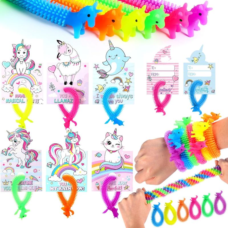 Photo 1 of Breathffy 30 Pack Valentines Cards with Unicorn Stretchy String Toys for Kids Noodle Toys Glow in the Dark Stress Relief Fidget Toys for School Classroom Girls Boys Toddlers Gift Exchange Party Favors
