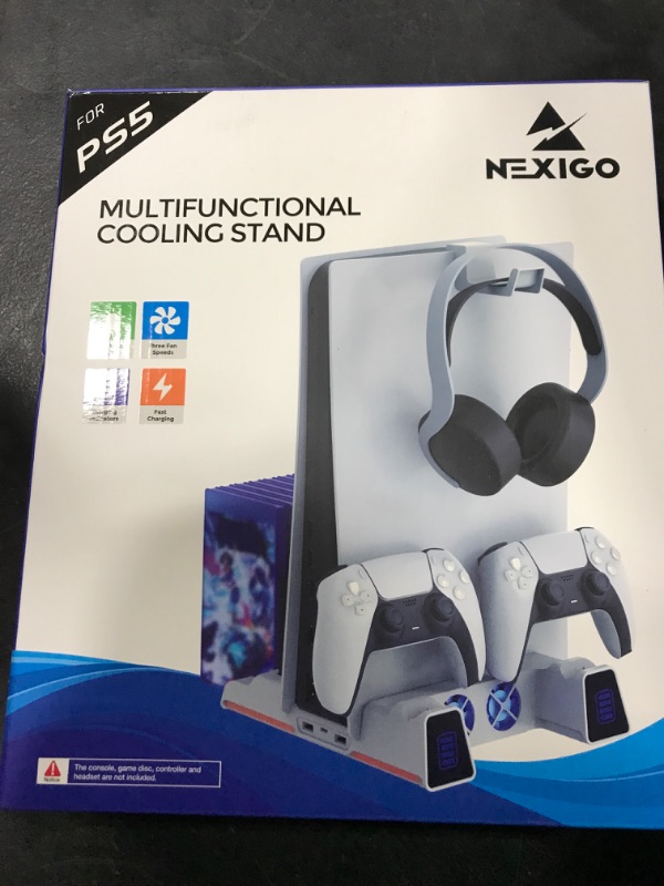 Photo 2 of NexiGo PS5 Slient Cooling Stand with RGB LED Light, Dual Charging Station Compatible with DualSense Edge Controller, Hard Drive Slot, Headset and Remote Holders, 10 Game Slots, White White Standard