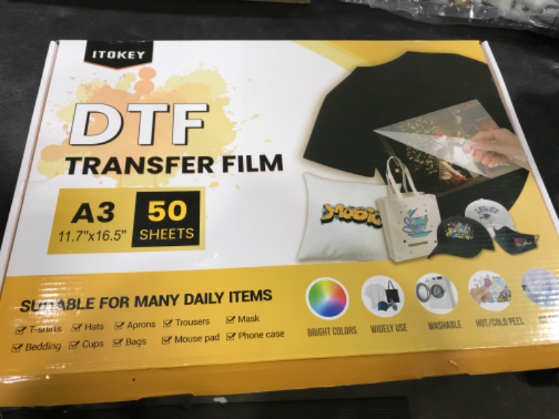 Photo 2 of DTF Transfer Paper, Transfer Flim for T Shirts (A3 Size, PET Matte 50 Sheets), Printable Sublimation Paper for Dark Fabric, Iron-on Heat Press DTF Flim for Epson Inkjet Printer DTF DTG Printers A3-50