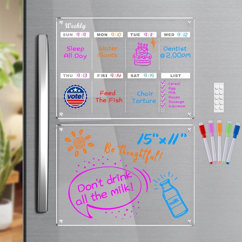Photo 1 of [2-Pack] 15x11 Acrylic Weekly Calendar for Fridge & Magnetic Acrylic Memo Board, 5 Colorful Markers Included, Perfect for Meal Planning, Family Message Sharing

