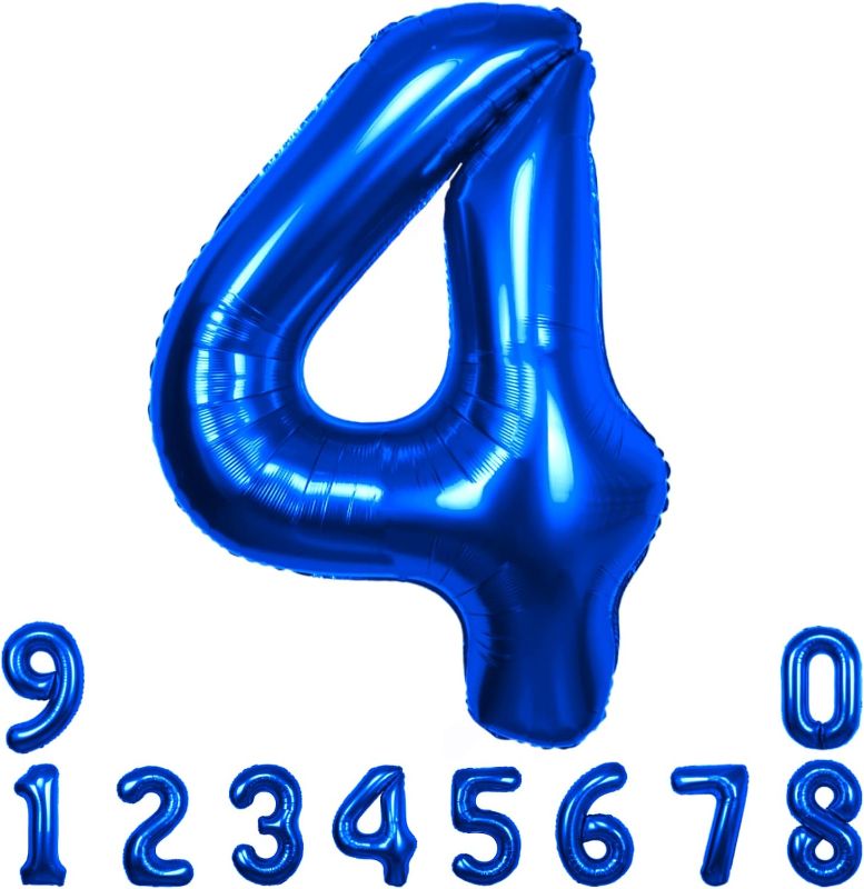 Photo 1 of 40 Inch Blue Number 4 Balloon Extra Big Size Jumbo Mylar Foil Helium Balloons 4 for Birthday Party Celebration Decorations Graduations 4th Anniversary Baby Shower Supplies Engagement