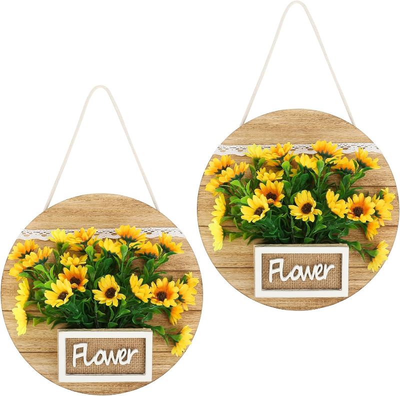 Photo 1 of 2 Pcs Welcome Sign for Front Door Wreath, 9.3inch Artificial Wreath for Wall Decor, Decorations for Home Indoors, Wooden Round Hanging Sign for Spring Summer Fall All Seasons