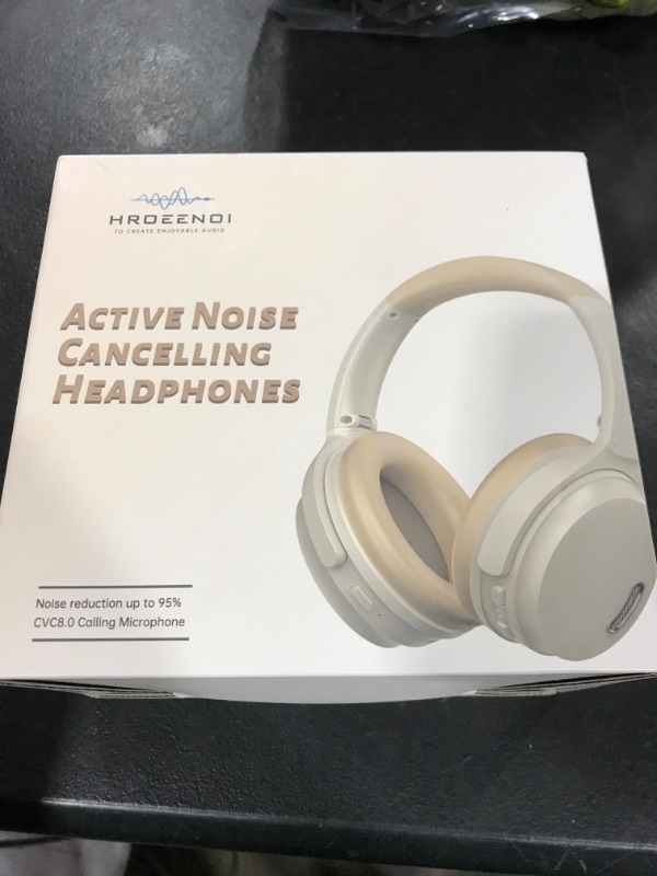 Photo 2 of HROEENOI Active Noise Cancelling Wireless Bluetooth Over-Ear Headphones, Memory Foam Ear Cups, Quick Charge for 40H Playtime, Ideal for Travel, Home Office, Gym Workouts -White
