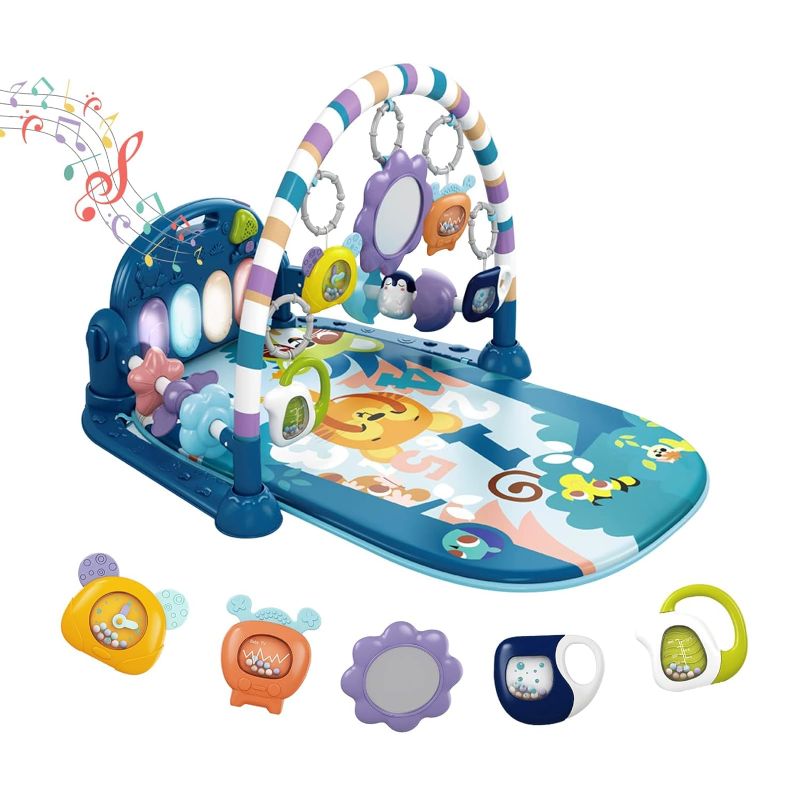 Photo 1 of dearlomum Baby Play Mat Baby Gym,Funny Play Piano Tummy Time Baby Activity Mat with 5 Infant Sensory Baby Toys, Music and Lights Boy & Girl Gifts for Newborn Baby 0 to 3 6 9 12 Months (Blue)
