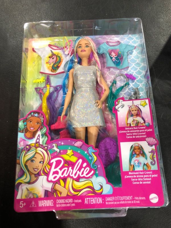 Photo 2 of Barbie Fantasy Hair Doll & Accessories, Long Colorful Blonde Hair with Mermaid and Unicorn-Inspired Clothes