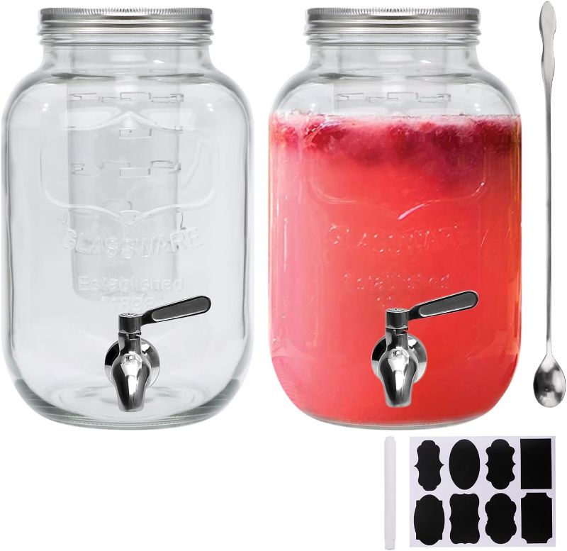 Photo 1 of 1 Gallon / 4000ml Clear Mason Jar With Lids, Airtight Glass Jars With Stainless Water Faucet and Ice Cylinder Perfect for Beer, Sun Tea, Coffee, Coke and Cold Drinks, 2 pack
