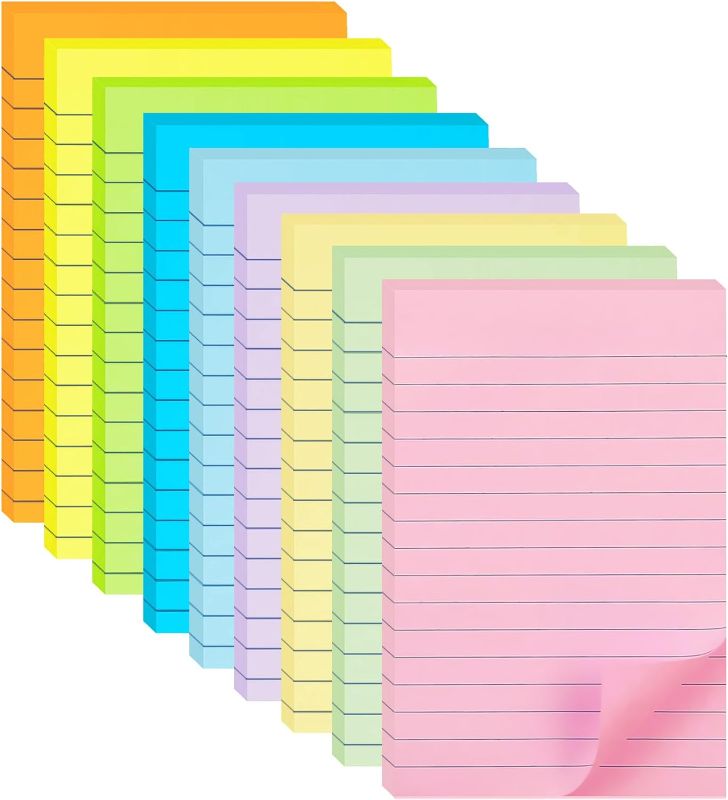 Photo 1 of (9 Pack) Lined Sticky Notes 4X6 in Post, 9 Pastel Colors Large Ruled Post Stickies Colorful Super Sticking Power Memo Pads Strong Adhesive, Sticky Notes with Lines for Office, School, 35 Sheets/pad

